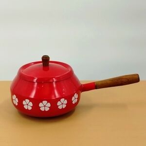 Imperial Japan enamel red floral pot white flowers with long wood handle vintage
